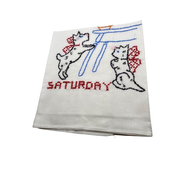 Vintage Embroidered Day Of The Week Tea Towel Set Dogs Puppies Mischievous Decor - Picture 11 of 11